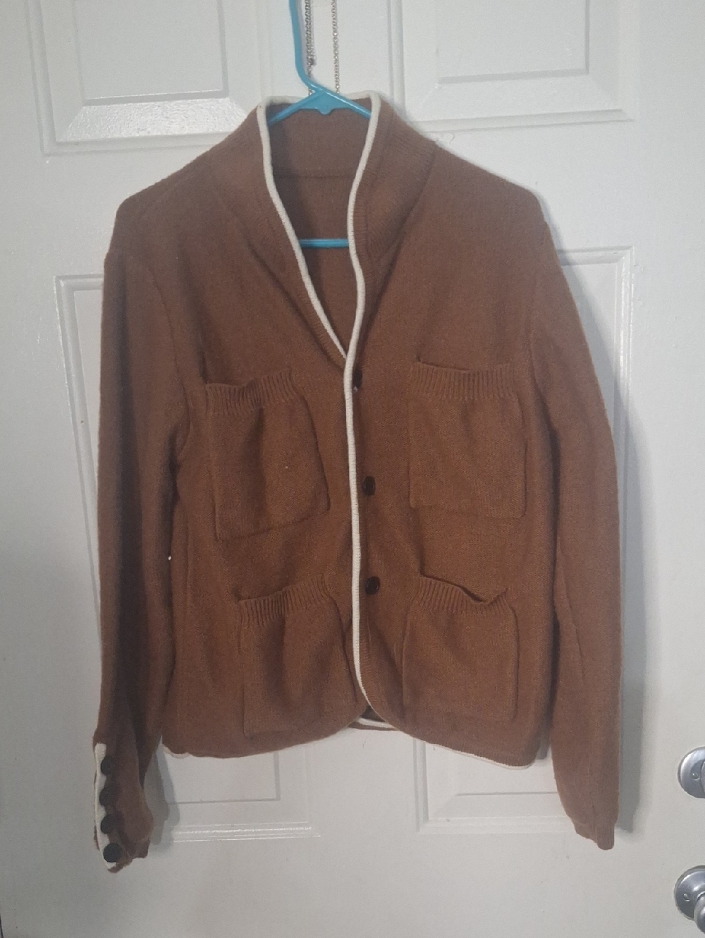 Woman's  Brown Shawl Collar Knit Jacket with Contrast Trim